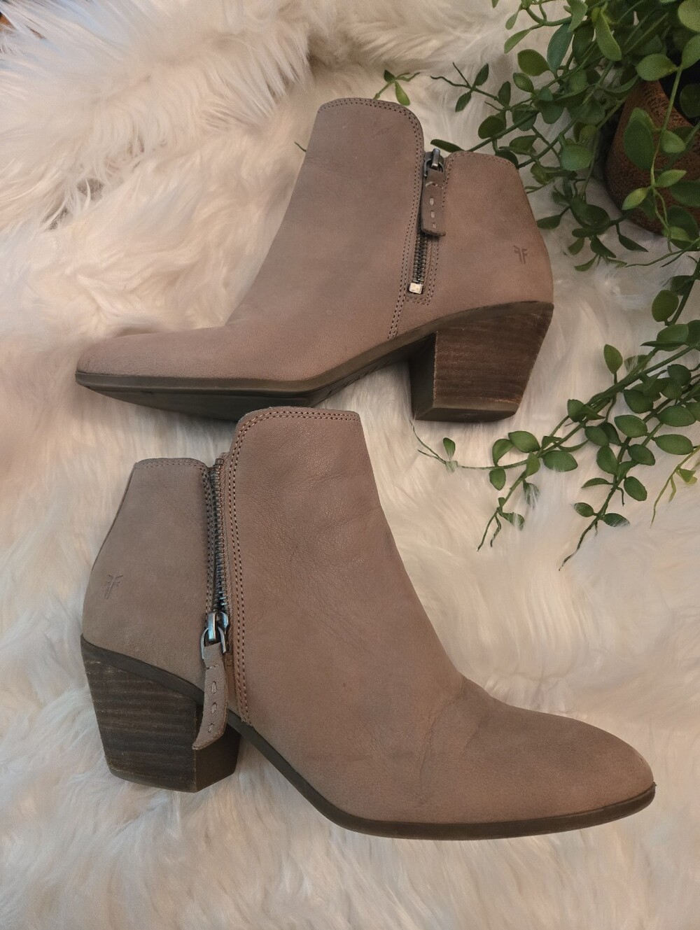 Frye Taupe Suede Ankle Bootie with Low Block Heel Size 8